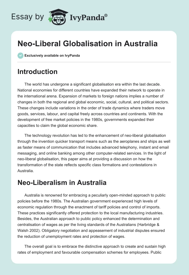 Neo-Liberal Globalisation in Australia. Page 1