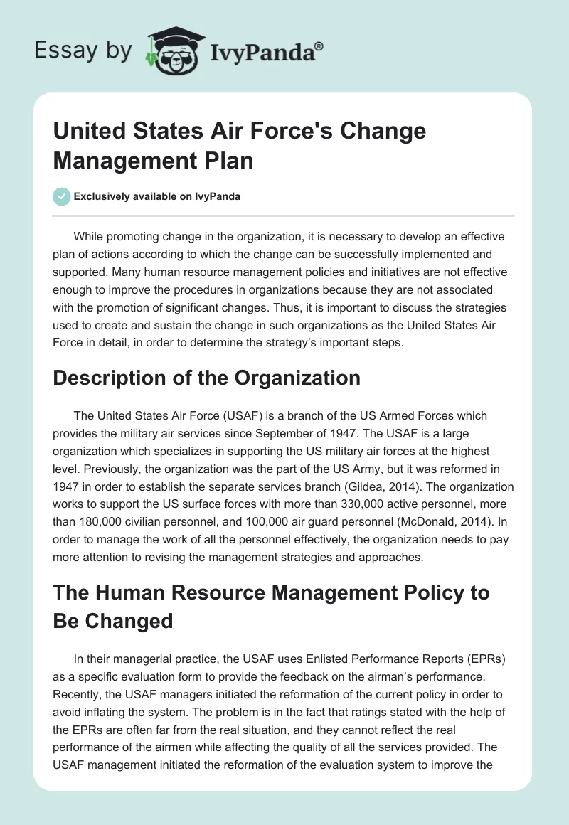 United States Air Force's Change Management Plan. Page 1