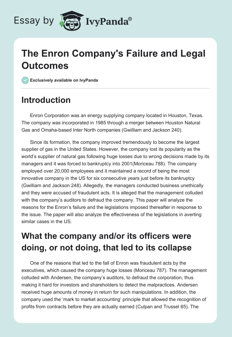 The Enron Company's Failure and Legal Outcomes. Page 1