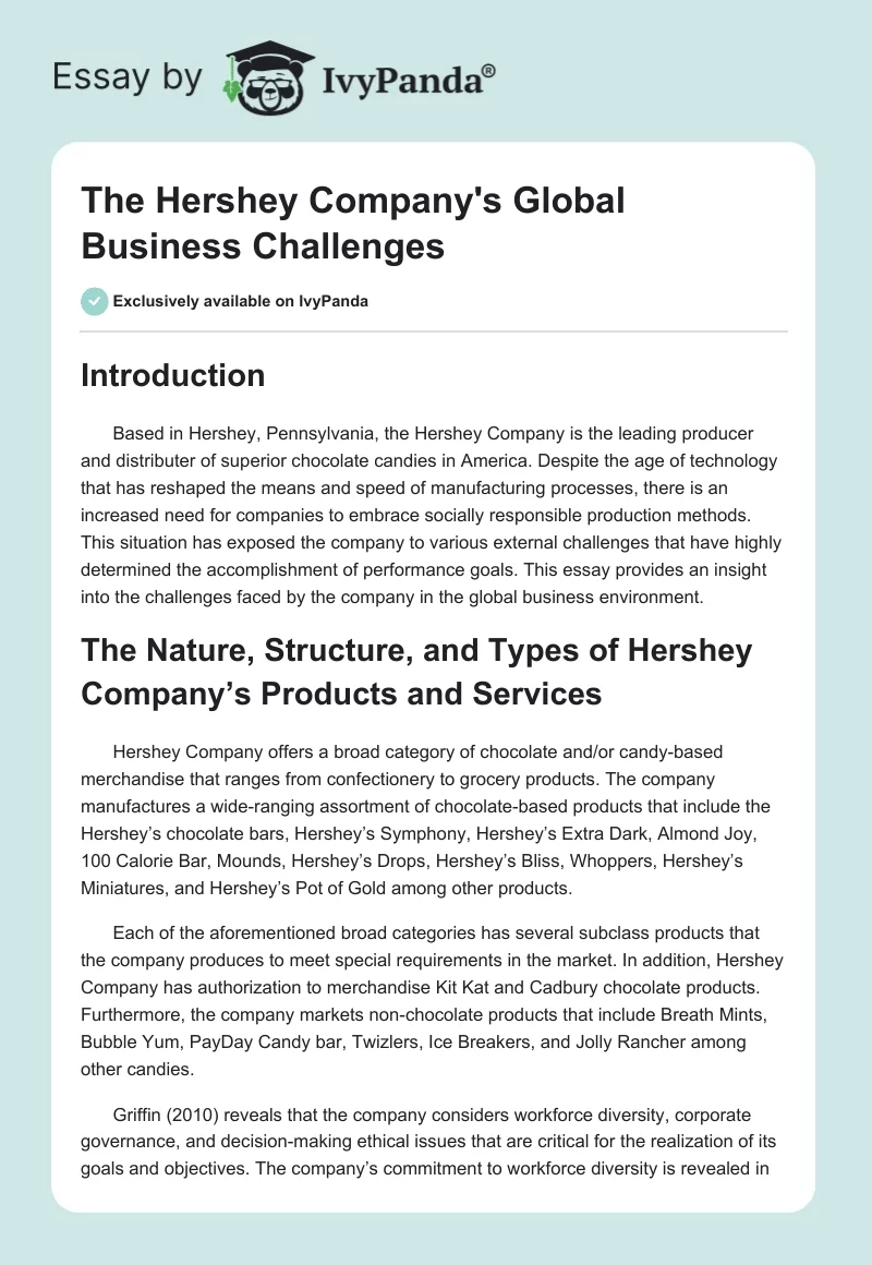 The Hershey Company's Global Business Challenges. Page 1