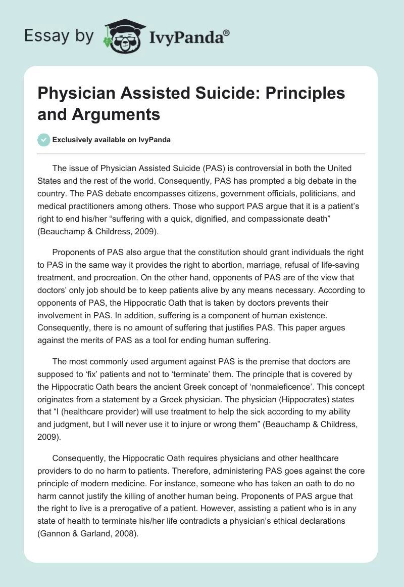 Physician Assisted Suicide: Principles and Arguments. Page 1