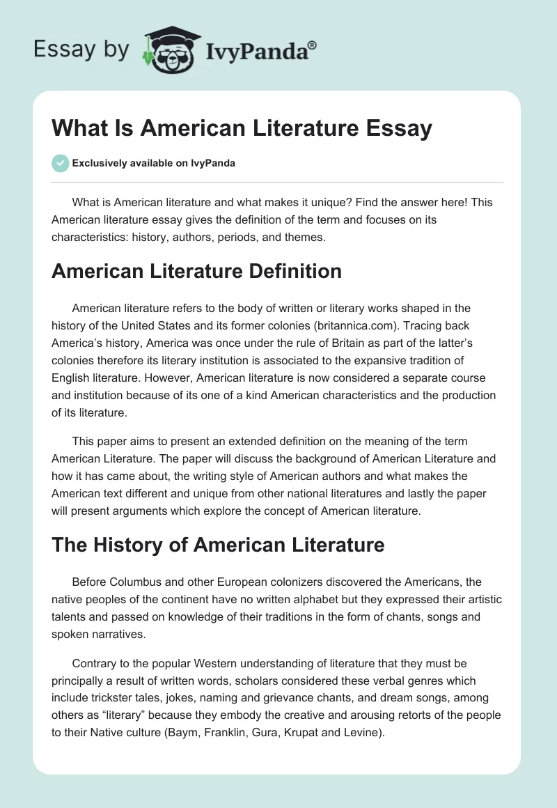 What Is American Literature Essay. Page 1
