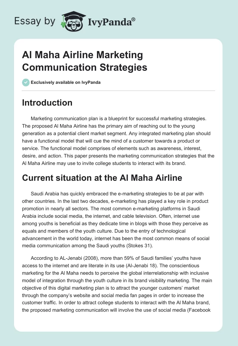 Al Maha Airline Marketing Communication Strategies. Page 1