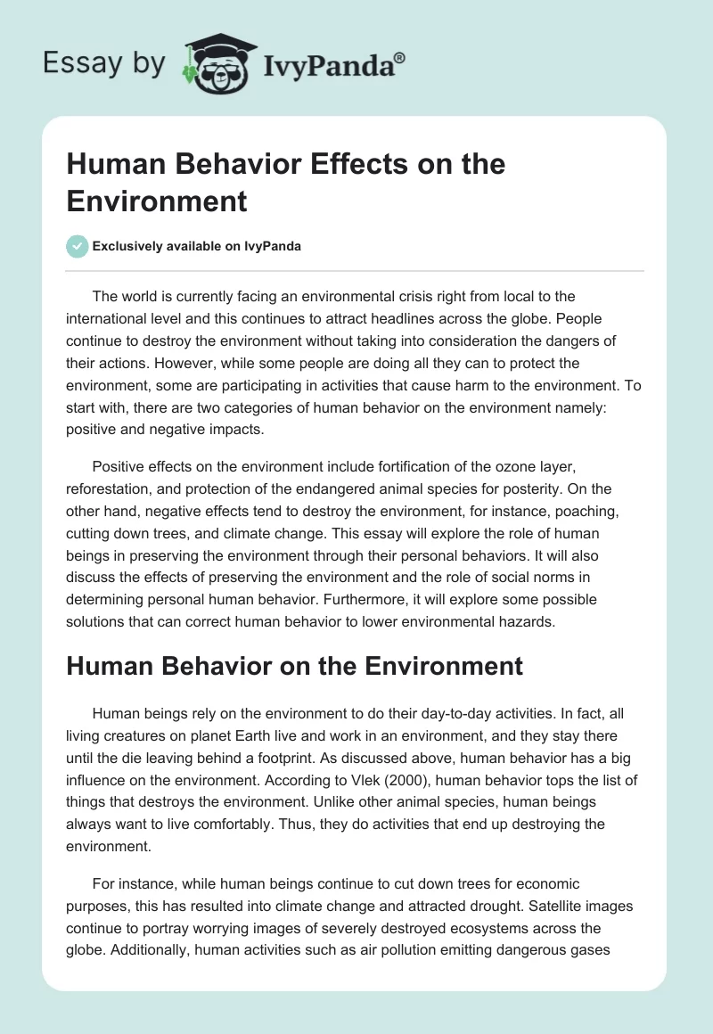 Human Behavior Effects on the Environment. Page 1