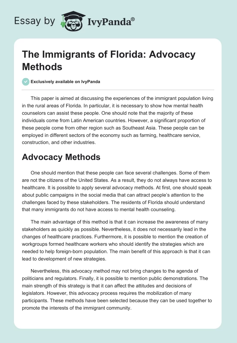 The Immigrants of Florida: Advocacy Methods. Page 1