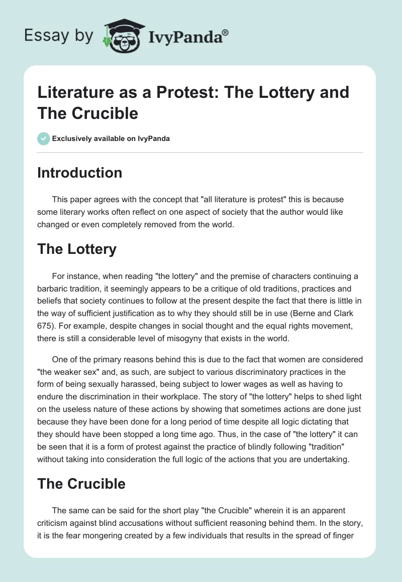Literature as a Protest: The Lottery and The Crucible. Page 1