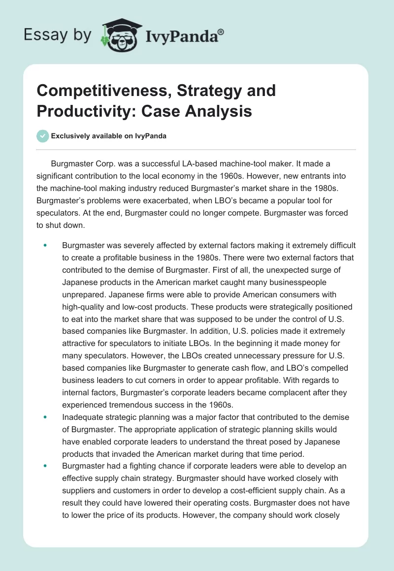 Competitiveness, Strategy and Productivity: Case Analysis. Page 1