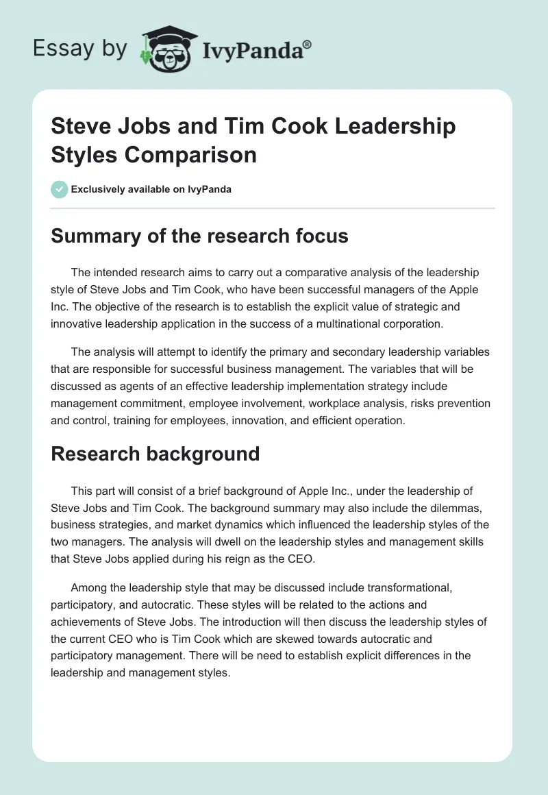 Steve Jobs and Tim Cook Leadership Styles Comparison. Page 1