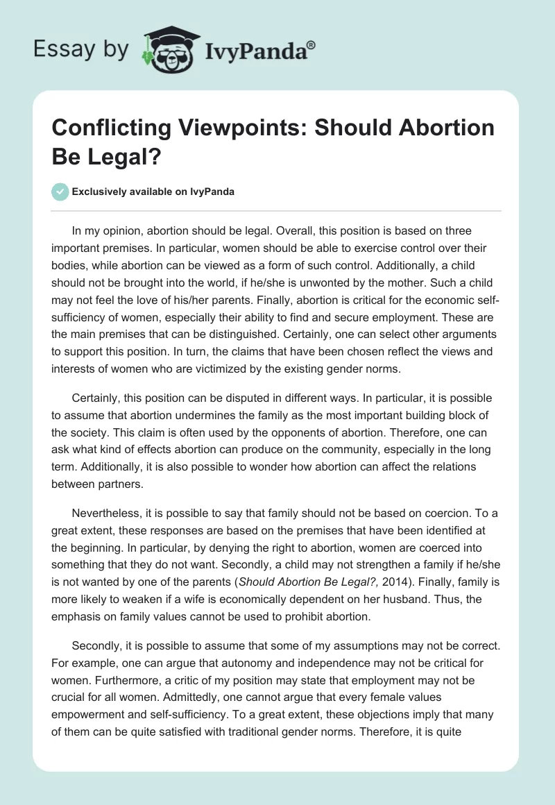 Conflicting Viewpoints: Should Abortion Be Legal?. Page 1