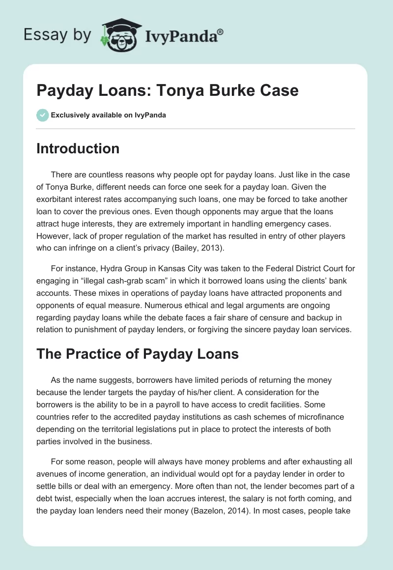 Payday Loans: Tonya Burke Case. Page 1