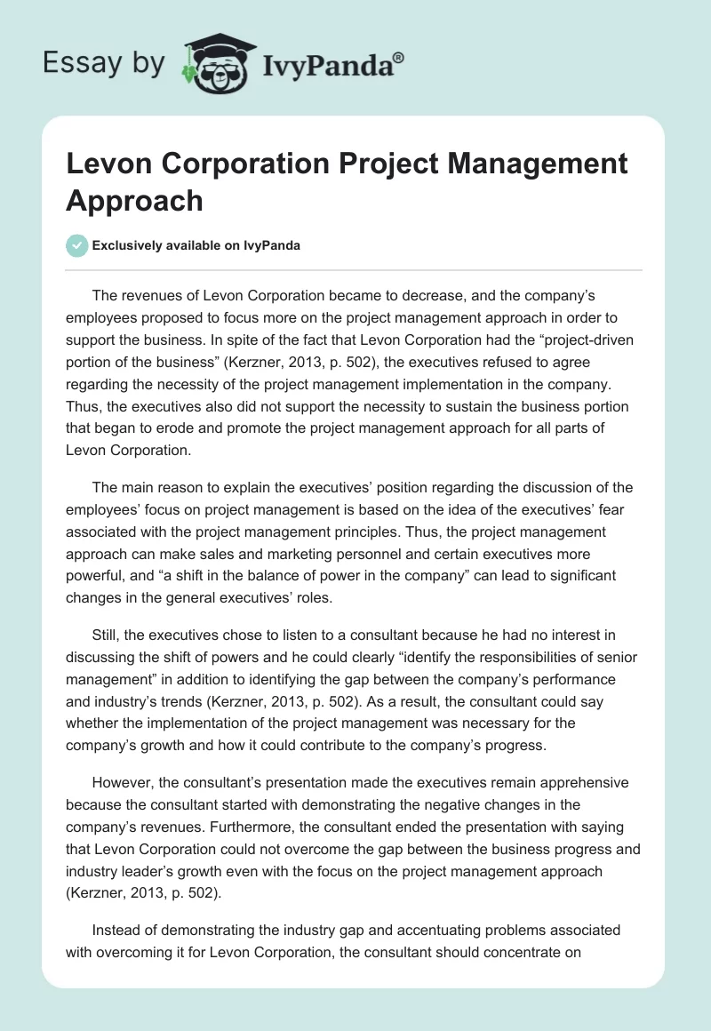 Levon Corporation Project Management Approach. Page 1