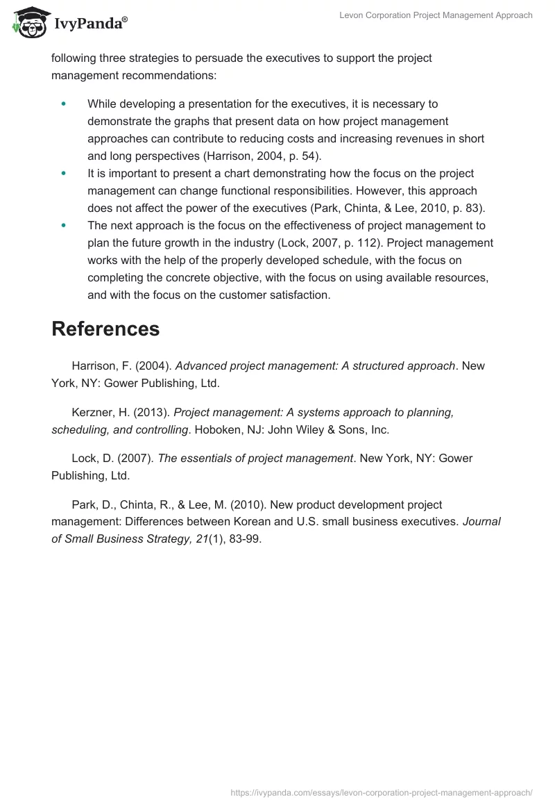 Levon Corporation Project Management Approach. Page 2