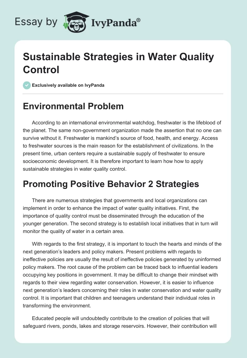 Sustainable Strategies in Water Quality Control. Page 1