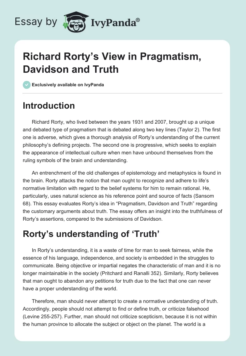 Richard Rorty’s View in "Pragmatism, Davidson and Truth". Page 1