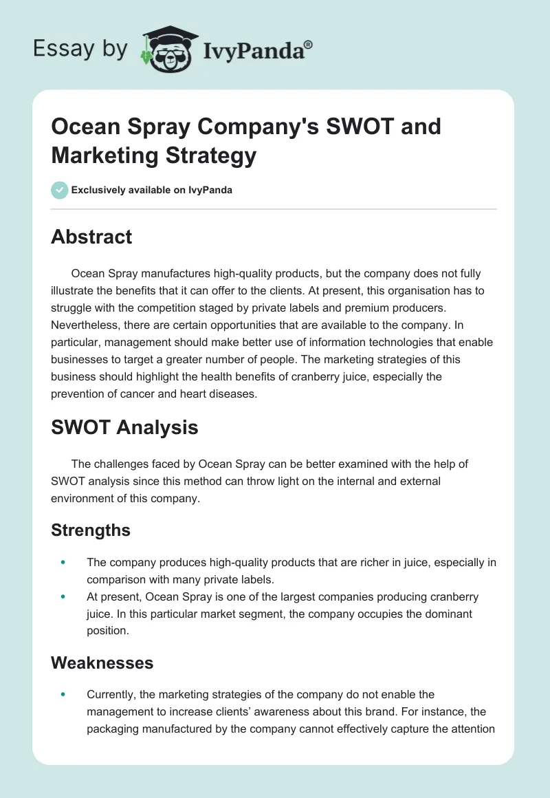 Ocean Spray Company's SWOT and Marketing Strategy. Page 1