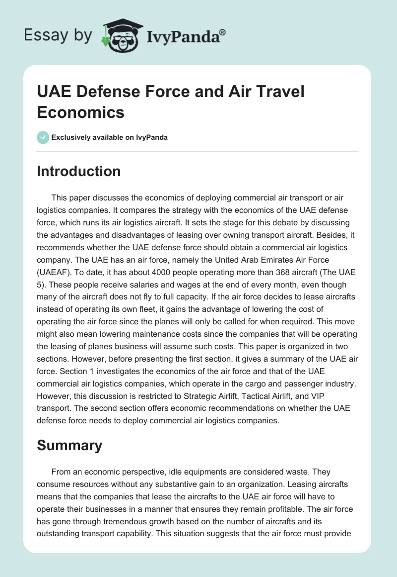 UAE Defense Force and Air Travel Economics. Page 1