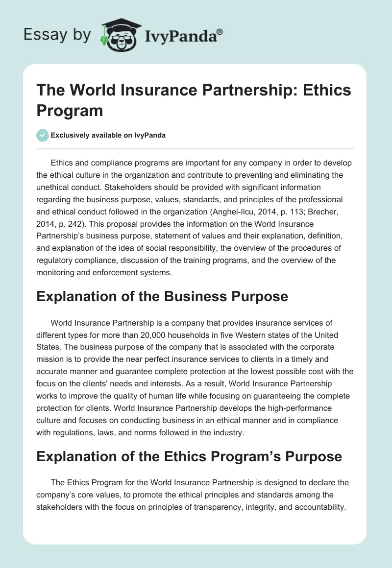The World Insurance Partnership: Ethics Program. Page 1
