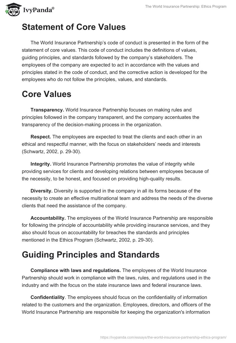 The World Insurance Partnership: Ethics Program. Page 2