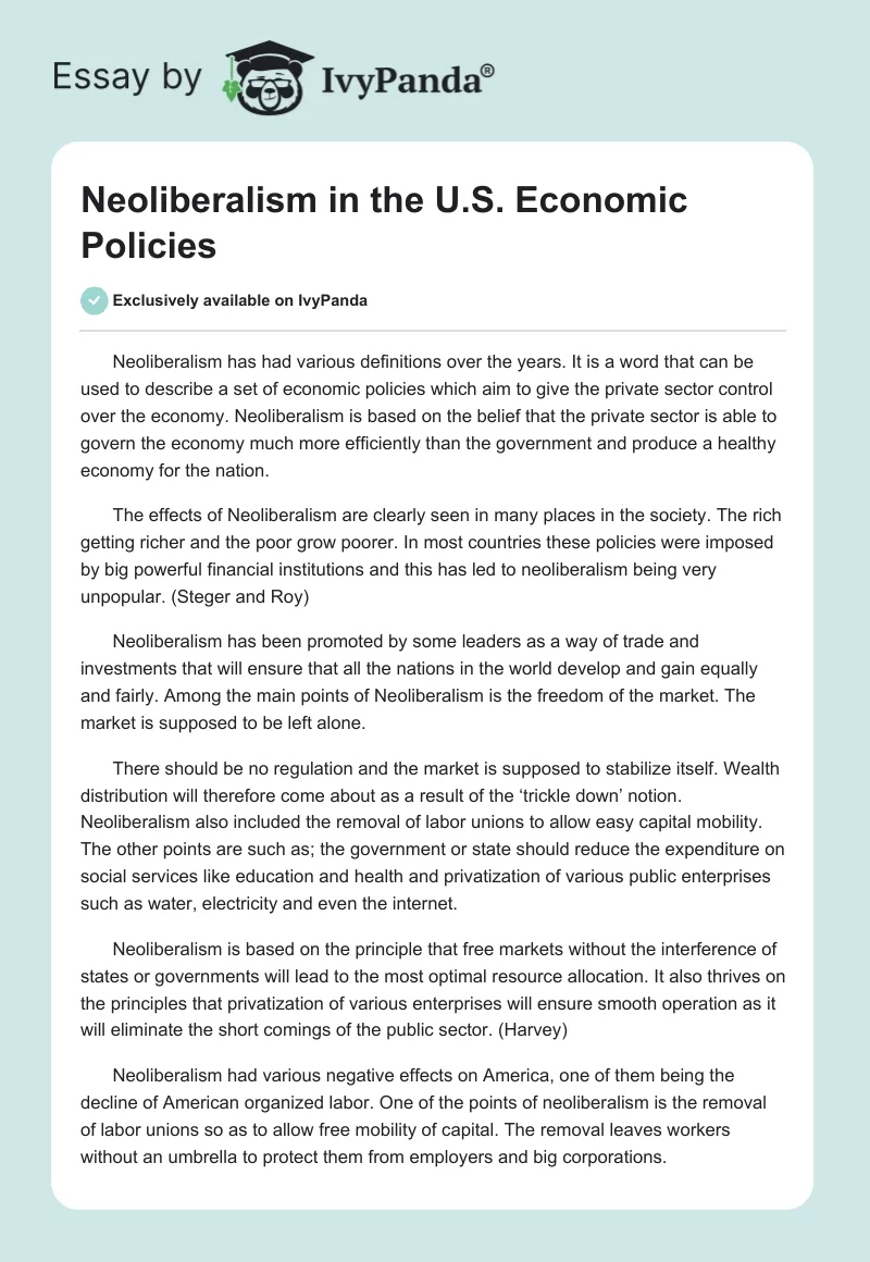 Neoliberalism in the U.S. Economic Policies. Page 1