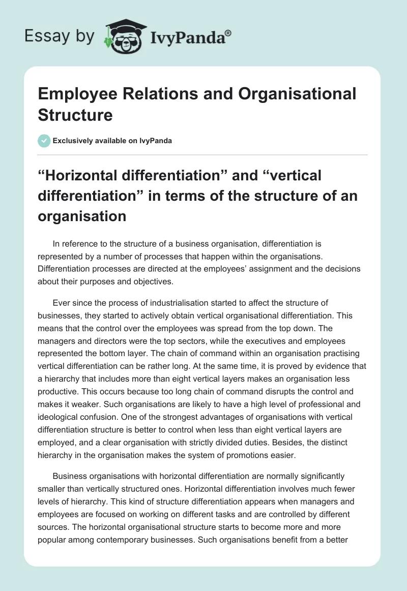 Employee Relations and Organisational Structure. Page 1