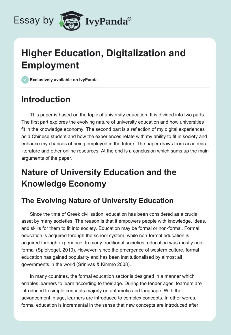 Higher Education, Digitalization and Employment. Page 1