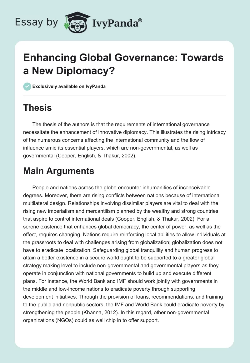 Enhancing Global Governance: Towards a New Diplomacy?. Page 1