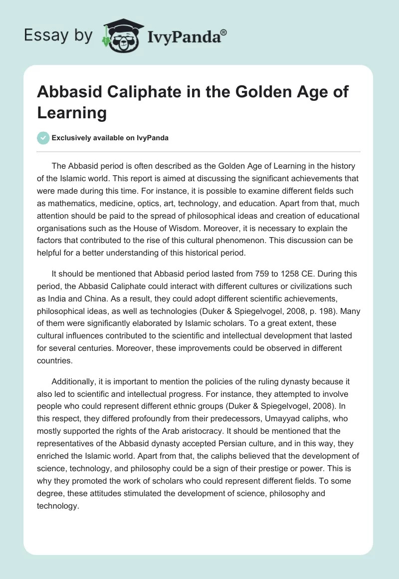 Abbasid Caliphate in the Golden Age of Learning. Page 1