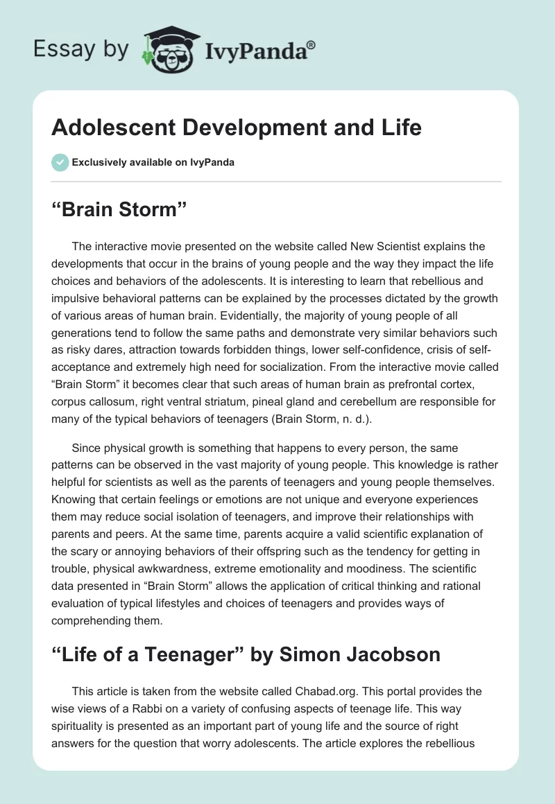 Adolescent Development and Life. Page 1