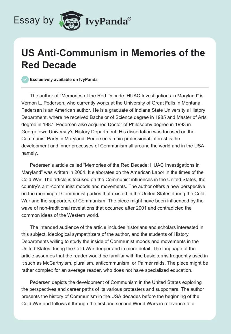 US Anti-Communism in "Memories of the Red Decade". Page 1