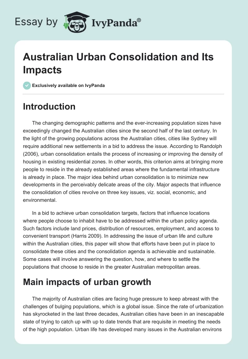 Australian Urban Consolidation and Its Impacts. Page 1