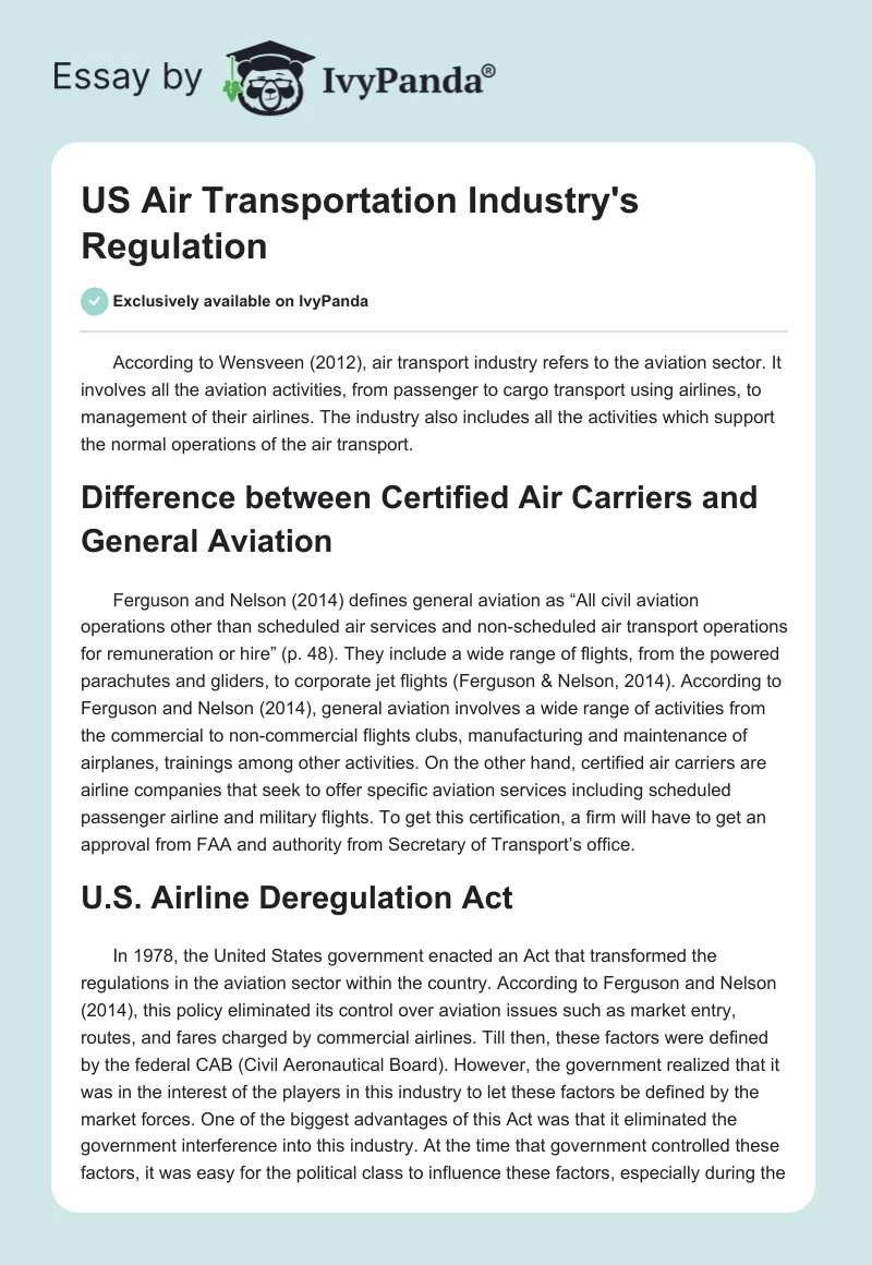 US Air Transportation Industry's Regulation. Page 1
