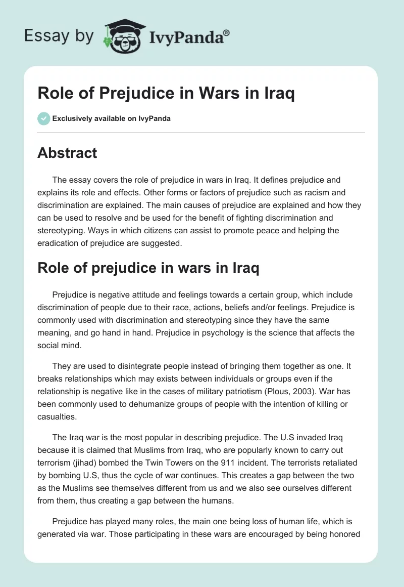 Role of Prejudice in Wars in Iraq. Page 1