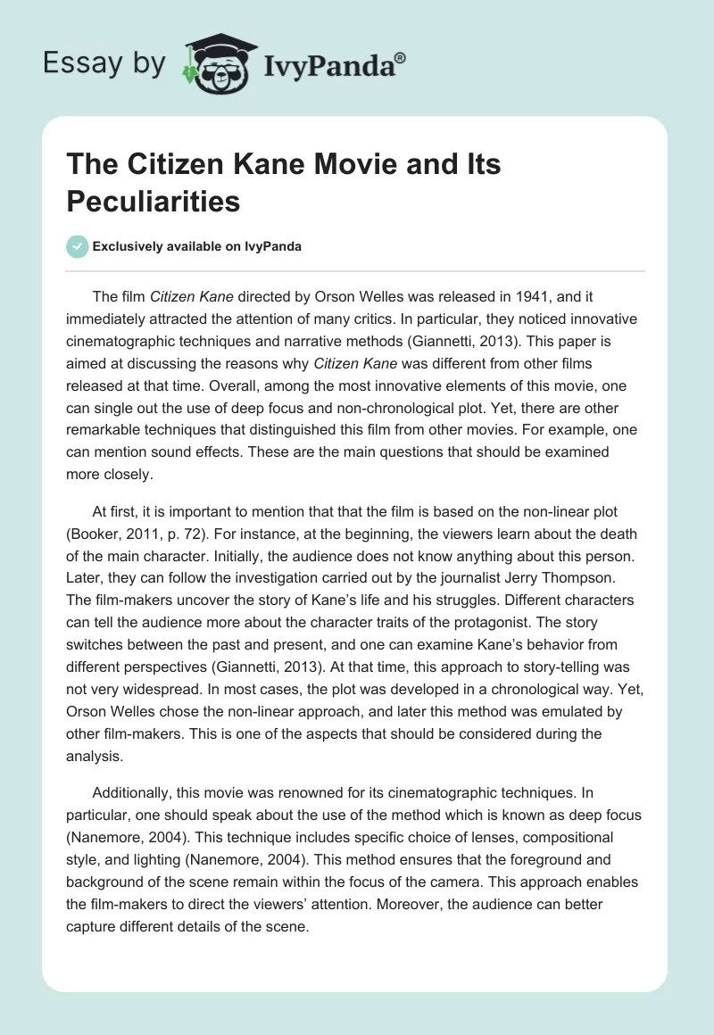 The Citizen Kane Movie and Its Peculiarities. Page 1