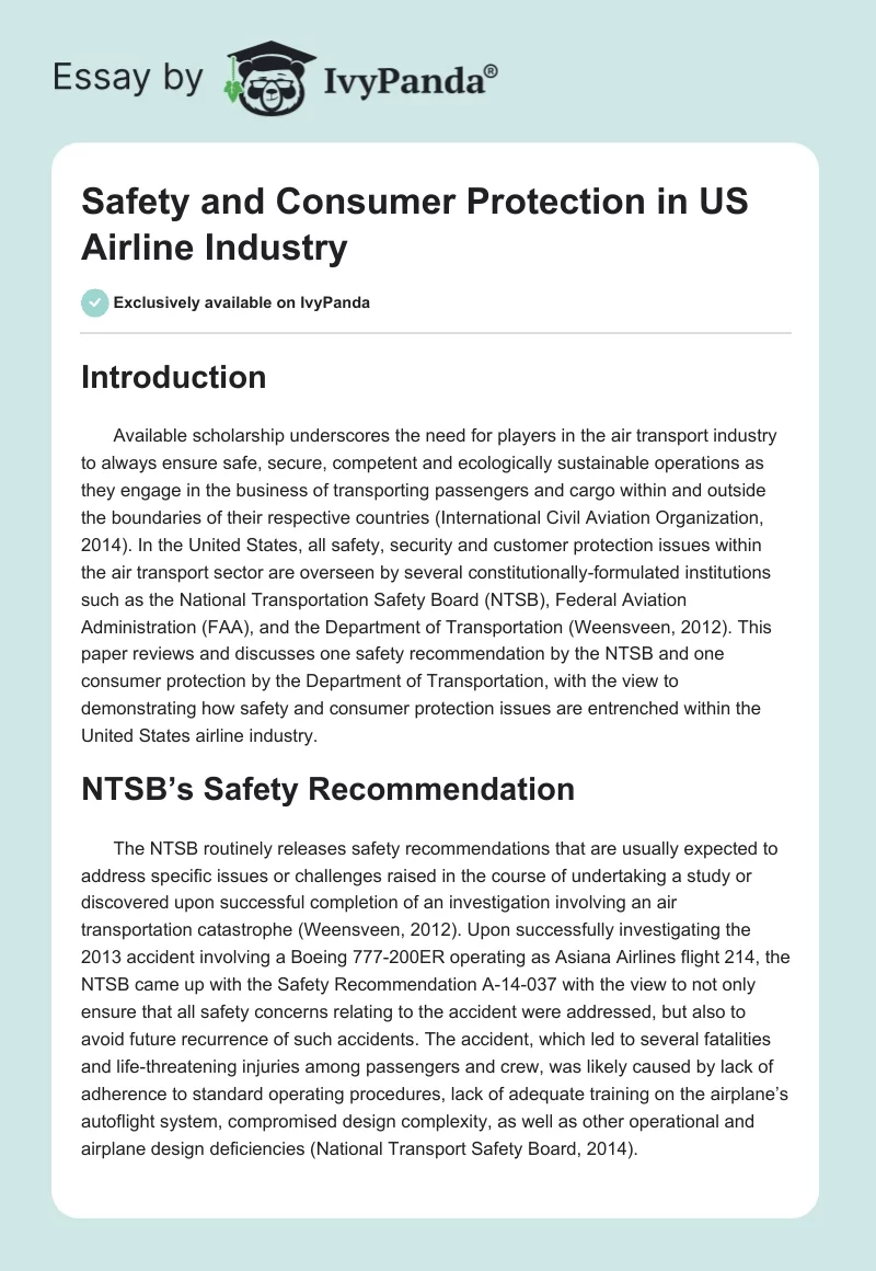 Safety and Consumer Protection in US Airline Industry. Page 1
