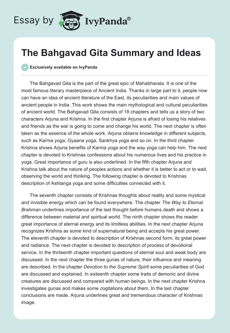 The Bahgavad Gita Summary and Ideas. Page 1