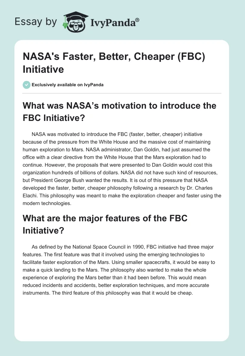NASA's Faster, Better, Cheaper (FBC) Initiative. Page 1