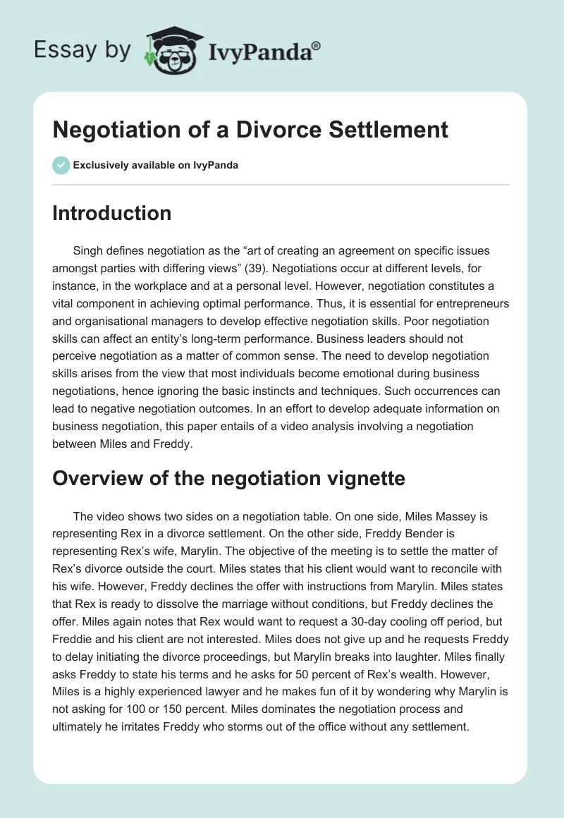 Negotiation of a Divorce Settlement. Page 1