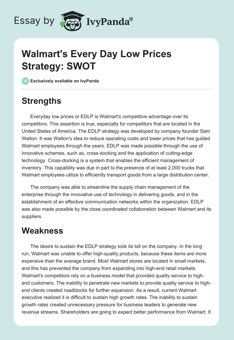 Walmart's Every Day Low Prices Strategy: SWOT. Page 1