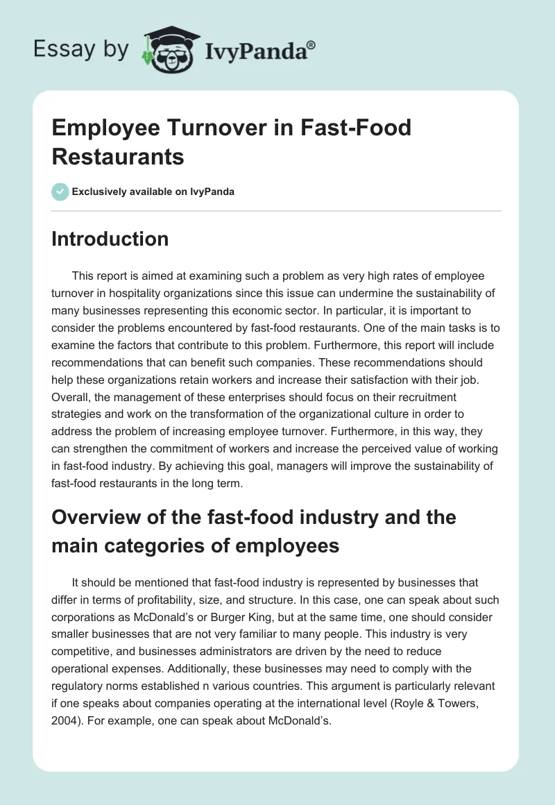 Employee Turnover in Fast-Food Restaurants. Page 1