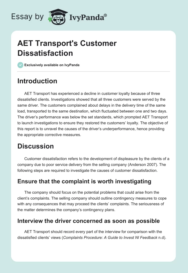 AET Transport's Customer Dissatisfaction. Page 1