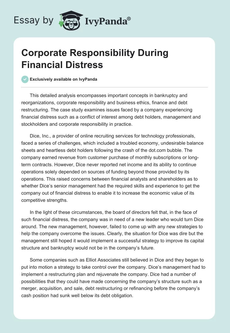 Corporate Responsibility During Financial Distress. Page 1