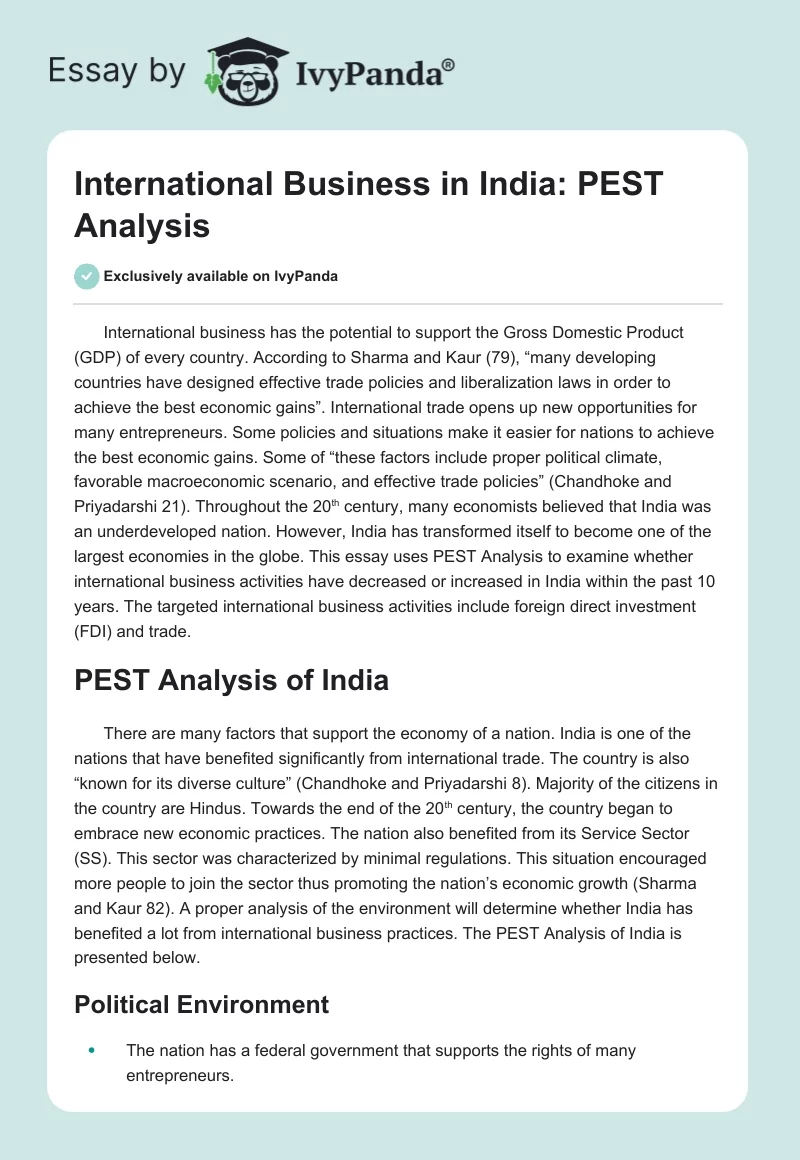 International Business in India: PEST Analysis. Page 1
