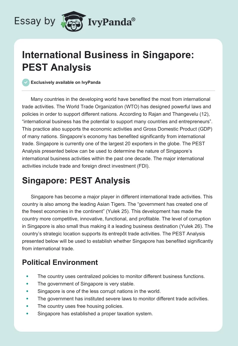 International Business in Singapore: PEST Analysis. Page 1