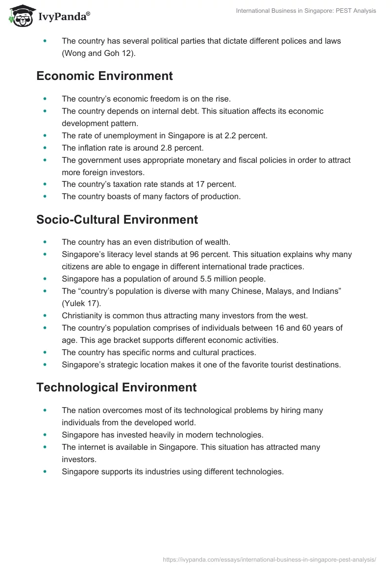 International Business in Singapore: PEST Analysis. Page 2