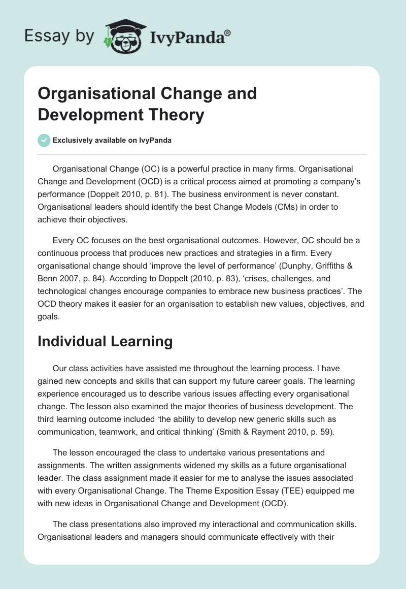Organisational Change and Development Theory - 1430 Words | Report Example