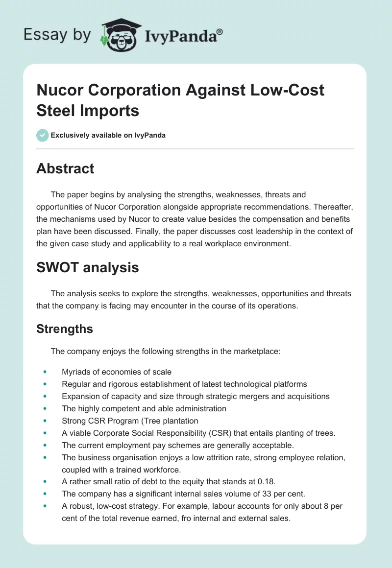 Nucor Corporation Against Low-Cost Steel Imports. Page 1
