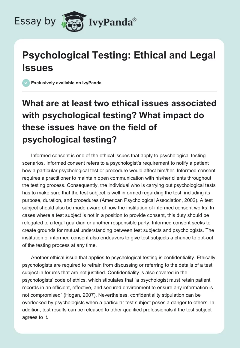 Psychological Testing: Ethical and Legal Issues. Page 1