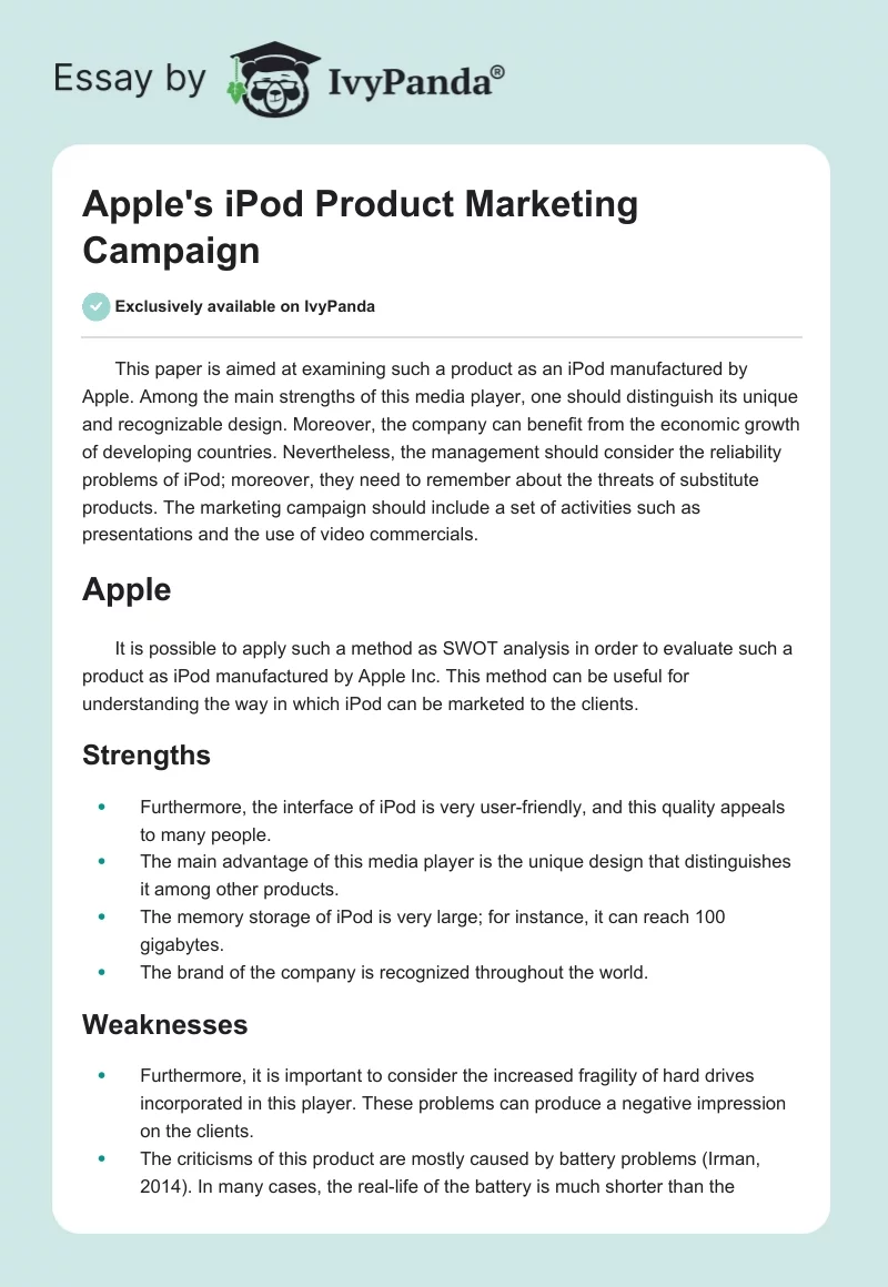 Apple's iPod Product Marketing Campaign. Page 1
