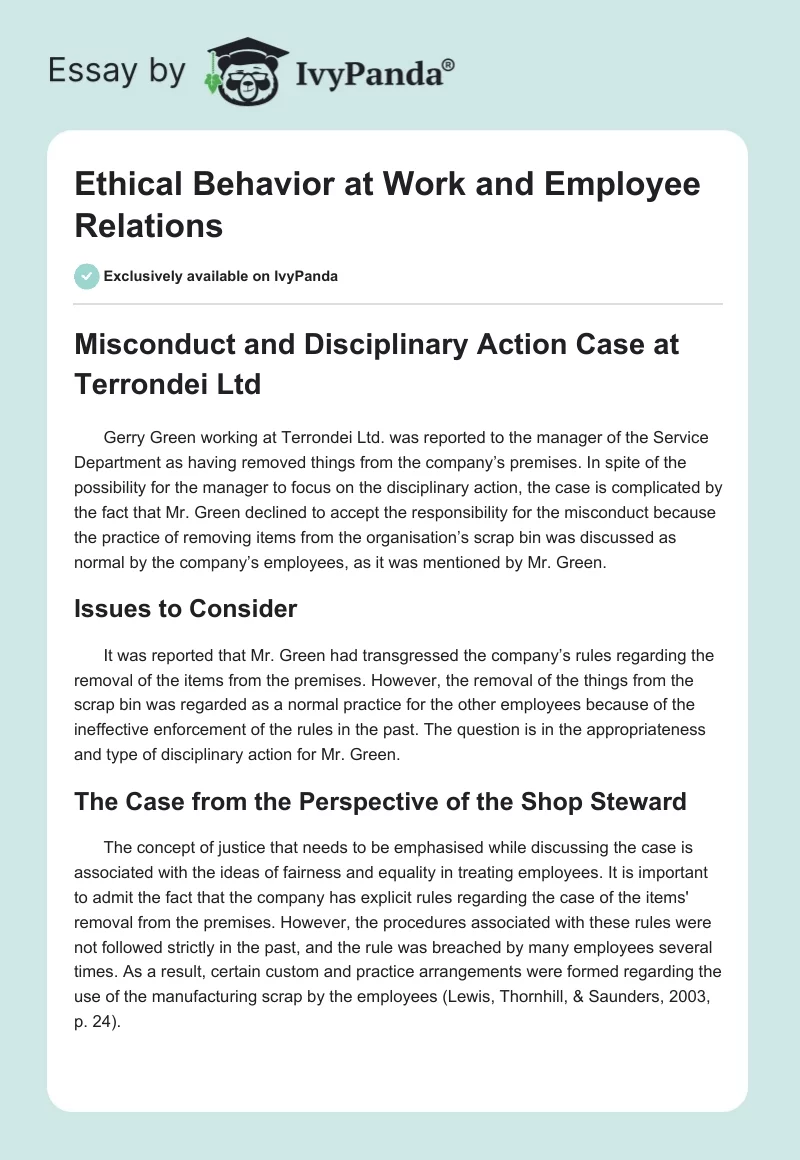 Ethical Behavior at Work and Employee Relations. Page 1