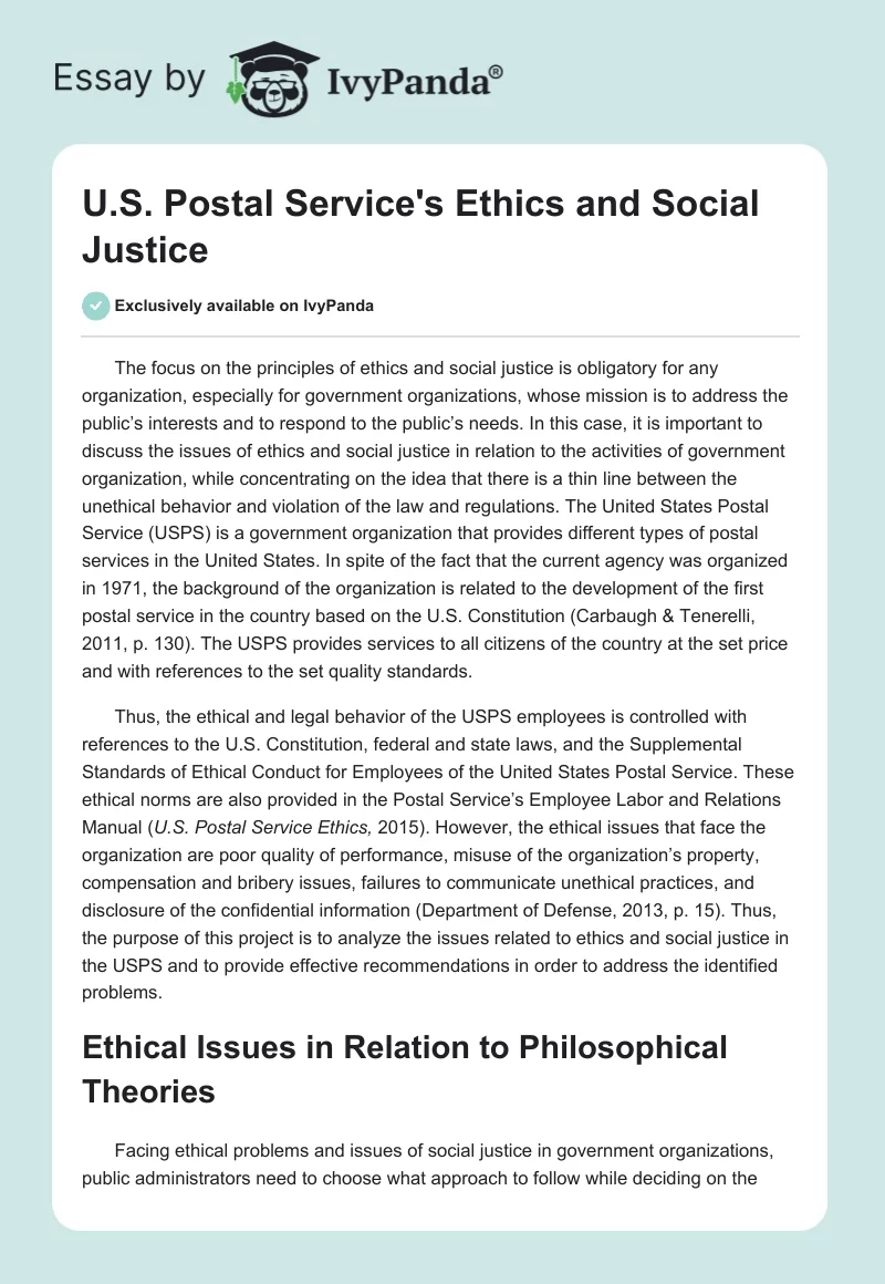 U.S. Postal Service's Ethics and Social Justice. Page 1